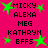 Pixelated text and green stars on bright pink background, with repeated names and 'BFFS' in black block letters.
