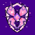 Pixelated blue dragon with white mane and red horns, pink mouth, blue eyes, and a pink gem on its chest, set against purple background with pink floral shield.