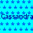 Blue star-patterned background with repeated dark blue text "Cassandra" across three horizontal bands.