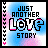 pixelated 'Just Another Love Story' icons with blue and pink gradient backgrounds, varying text color transitions from black/pink to purple/white