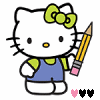 Hello Kitty character with green bow and blue overalls holding yellow pencil, three heart symbols below, varying heart colors across frames.