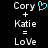 Pixelated text displays 'Cory + Katie = LoVe' with a cyan heart symbol replacing the 'o' in 'Love' on the left side of the image.