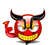 Red devil-shaped icon with black horns, yellow teeth, and a small red tail; animated sequence shows subtle shifts in eye position and mouth expression.