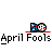 Animated contact sheet of a pixel art April Fools buddy icon featuring two characters interacting across 14 frames with text bubbles and motion changes.