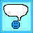 Pixelated blue smiley face icon with white speech bubble displaying sequential text phrases against light blue background.