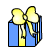 Blue gift box with yellow ribbon bow, pixelated style, black outline, white background.