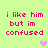 Pixelated text reads "i like him but im confused" in pink on light green background with two heart icons.