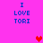A bright pink background displays four identical blue text blocks reading "I LOVE TORI" arranged in a with two red pixelated hearts in the center and bottom-right