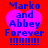 Red background with four identical pixelated heart-shaped icons displaying blue text "Marko and Abbey Forever !!!!!!!" in a