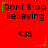 Red background with black text reading "Dont Stop Believing" and "<33" symbols, featuring green and brown star-like pixel clusters that shift position across frames.