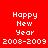 Red background with white pixelated text 'Happy New Year 2008-2009' and four variations of blue-purple gradient effects across the image.