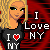 Pixelated animated contact sheet of a blonde cartoon woman wearing an "I ❤️ NY" shirt against a red background with subtle swirls, showing frame-to-frame variations in text color and facial expression.