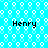 Pixelated blue background with white circular patterns and four instances of the name 'Henry' in black text.