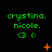 Green text 'crystina. nicole.' with a green emoticon '<3 :(' on black background, featuring orange pixel animations including plus signs, stars, and dots.