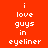 Red background with white pixelated text reading 'i love guys in eyeliner' arranged across multiple , some sections highlighted by dark green rectangular overlays