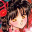 Pixelated anime-style portrait of a character with dark hair and golden eyes, set against a red and black background with a large red flower on the left.