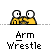 Animated contact sheet of a pixel art arm wrestling icon showing seven sequential frames with two yellow stick figures in various arm wrestling poses and "Arm Wrestle" text below each frame.