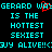 Pixelated cyan text on black background with red 'P' overlay, repeating phrases about Gerard Way.
