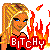 Pixelated cartoon-style icon of a blonde woman with blue eyes wearing a black top, standing next to red flames and bold red text reading "BITCHY" on a white background.