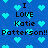 Blue background with light blue pixelated hearts and repeated black text reading "I LOVE Katie Patterson!" in a pattern