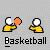 Pixelated yellow-shirted figures with white heads perform basketball actions including passing and shooting an orange ball, with text "Basketball" below each sequence.
