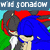 Pixelated image of two characters kissing under a blue banner with reversed white text.