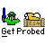 Animated contact sheet showing 14 frames of a pixel art buddy icon with green character probing yellow figure on wooden platform, repeating text "Get Probed" below each frame.