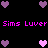 Pixelated icon with repeating 'Sims Luver' text and heart symbols in pink and purple hues on black background.