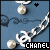 A blue background with a silver Chanel logo pendant necklace featuring pearls, displaying text and small black star icons in different positions across frames.