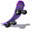 Animated sequence of a purple skateboard with black wheels and silver axles rotating against white background.