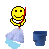 A pixelated yellow smiley face with black eyes and mouth holds a red mop, dipping it into a blue bucket while a white cloth and light blue puddle appear in sequence.