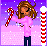 Pixel art of a female character with brown hair holding a candy cane in a snowy winter scene, wearing a pink sweater and dark pants against a purple-pink gradient background with falling snow.