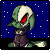 Pixel art character with green and white hair, red eyes, purple outfit, and tail in animated contact sheet frames showing background changes from starry night to cloudy sky.
