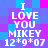 Pixelated text reads 'I LOVE YOU MIKEY 12*9*07' on a blue-purple background with visible pixelation and color shifts across four identical