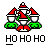 Pixel art of Santa Claus figures in a with 'HO HO HO' text, where one 'HO' changes color from white to green across frames