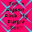 A static image with a bright pink background and cyan diamond-shaped patterns, displaying repeated text "Sam + Alyssa Rock My Purple Sox!!!" in black pixelated font.