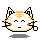 Pixel art cat head with orange stripes, red cheeks, and closed eyes in four variations showing mouth and paw changes.
