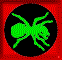 Six pixelated ant icons in green, yellow, red, blue, purple, and white arranged in a on black circular backgrounds with red dotted borders