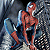 Static pixelated image of a red and blue cartoon character in dynamic pose against dark background with light effects.