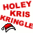 Red pixelated text reading HOLEY KRIS KRINGLE above a small red-and-black Santa hat icon on white background.