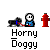 Pixel art animation of a black dog on red leash, white cartoon character in blue shirt, and red fire hydrant with 'Horny Doggy' text below.