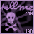 Animated icon with purple skull and crossbones over dark background, displaying sequential text changes in the lower-left corner.