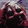 A split-screen image with a pixelated figure on the left and a bold black-and-white number six symbol on the right.