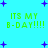 Pixelated cyan background with green text reading 'ITS MY B-DAY!!!!' and scattered purple plus signs, some of which change position across frames.