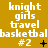A static image with a mustard-yellow background displays repeated text elements in white pixelated font, including "knight girls travel" and "basketball #2," with small black symbols beneath the numbers.