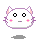 Pixelated white cat head with pink inner ears, black circular eyes, and small pink cheeks on gray background.