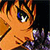 Pixelated close-up of an orange-furred creature with large blue eyes, dark stripes on its face, and a dark background.