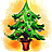 Pixelated green Christmas tree with colorful ornaments on a yellow-orange gradient background, next to red with white text