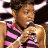 A split-frame contact sheet showing a person in a pink and black striped top on the left and green text reading "Original Icons .com" on the right against a dark background.