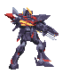Pixelated mecha robot with dark gray body, red accents, and yellow-orange chest glow in four sequential poses showing leftward movement.